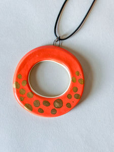 Porcelain Hoops w/ Gold Luster Pendant - Orange - Dots