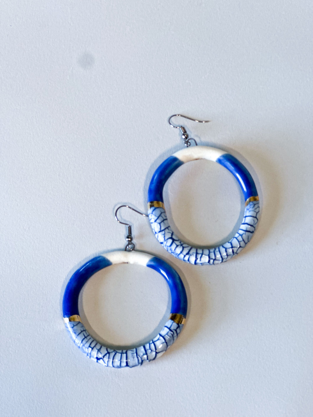 Porcelain Crackle Liberation Hoops - Blue & Gold